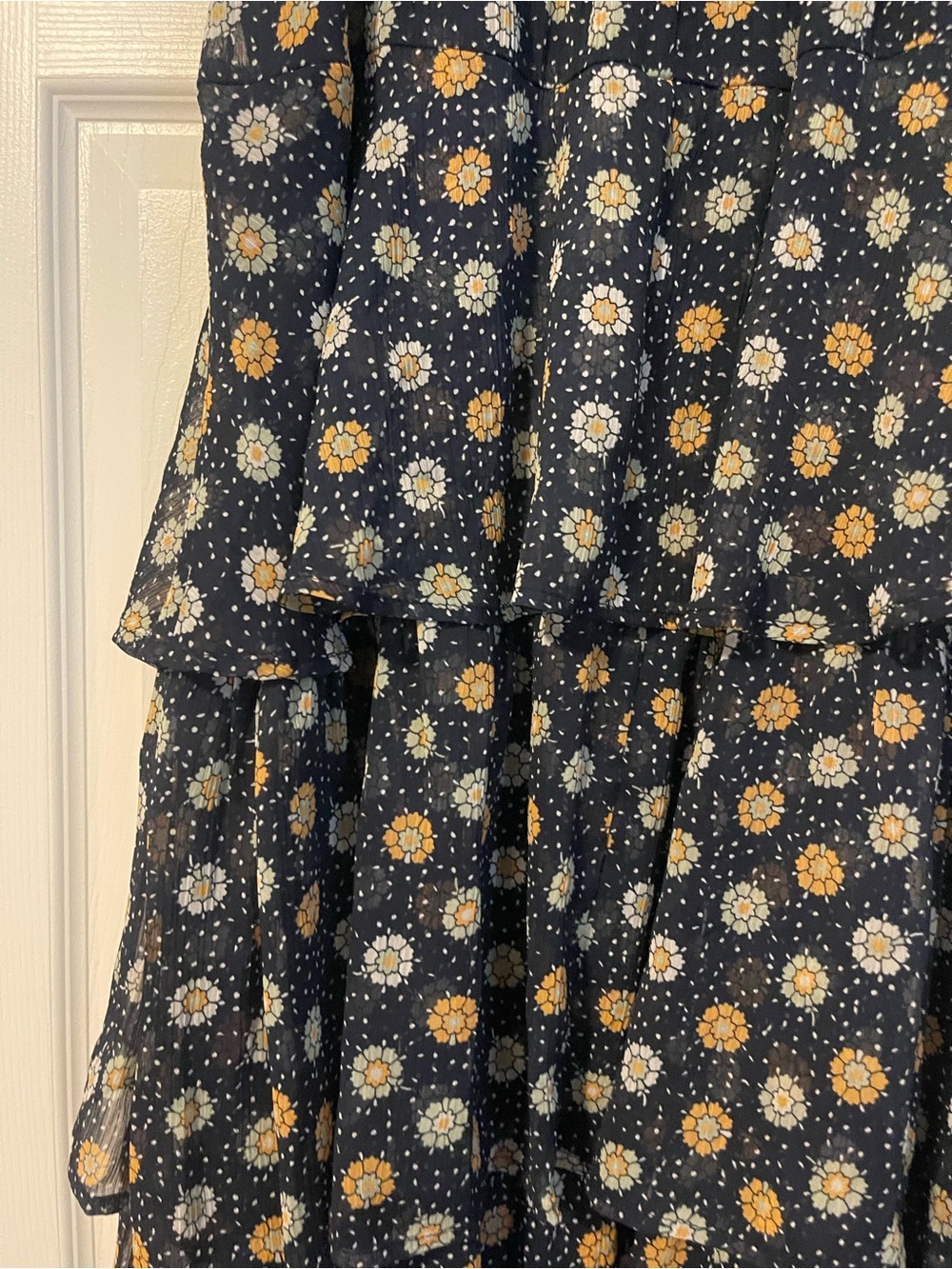 Navy Tiered Floral Skirt with Gold & White Flowers and tie belt - Picture 5 of 5